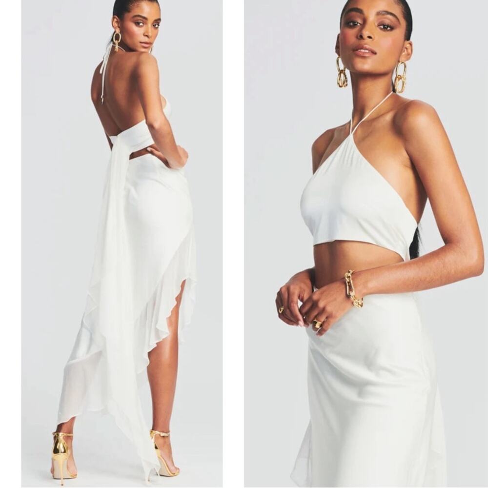 RETROFETE Mesta Silk Halterneck White Crop Top with Train Size XXL